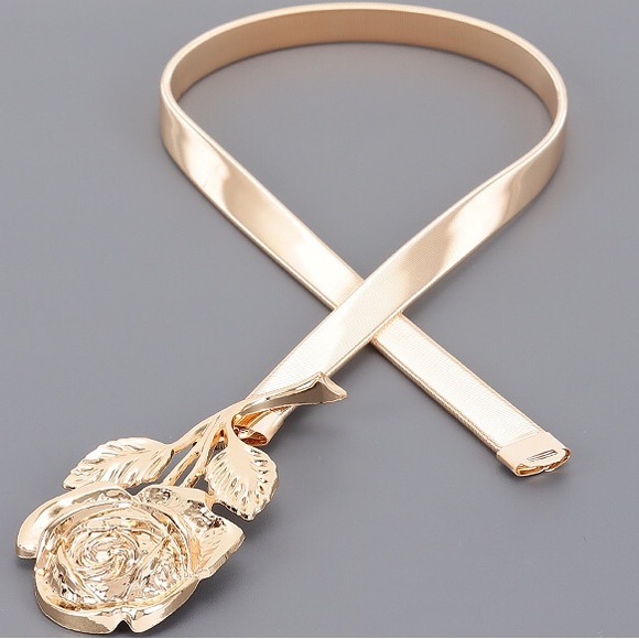 Rose Metal Accent Elastic Statement Belt - Gold or Silver main image 5